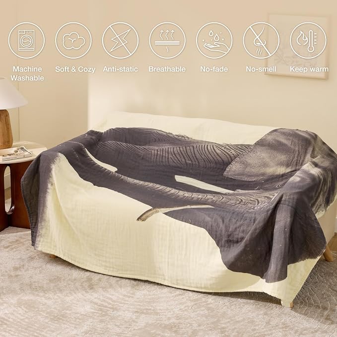 100% Cotton Boho Throw Blanket for Home Decor – Classic Farmhouse Quilt Bedding, Muslin Blankets for Adults, Vintage Woven Decorative Blanket for Couch, Bed Layering Use, Elephant Printed, 60"x80"