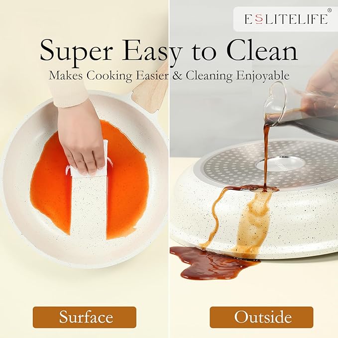 ESLITE LIFE Nonstick Ceramic Frying Pan Skillet with Lid, Non-Toxic Egg Omelette Kitchen Cooking Pans Compatible with All Stovetops (Gas, Electric & Induction), PTFE & PFOA Free (White, 9.5" w/Lid)