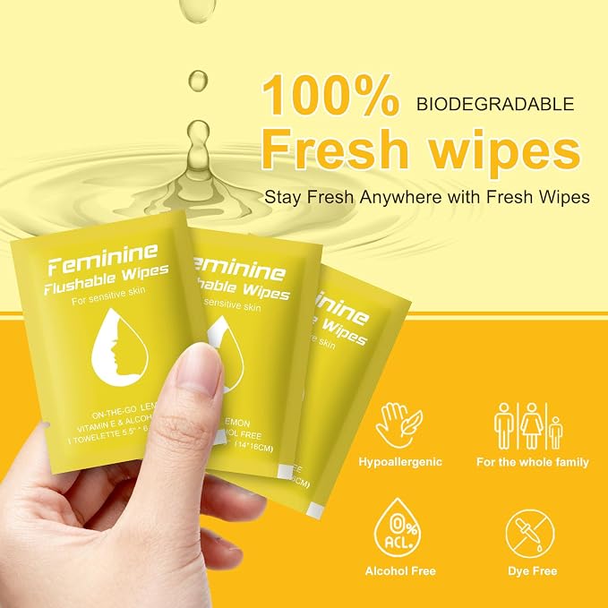 twoworld 100 Feminine Wipes Flushable Travel Individually Wrapped | Travel Wipes for Women,Feminine Care Wet Wipes Travel Size Vaginal Wipes for Adult,Girl and Homeless(Lemon)
