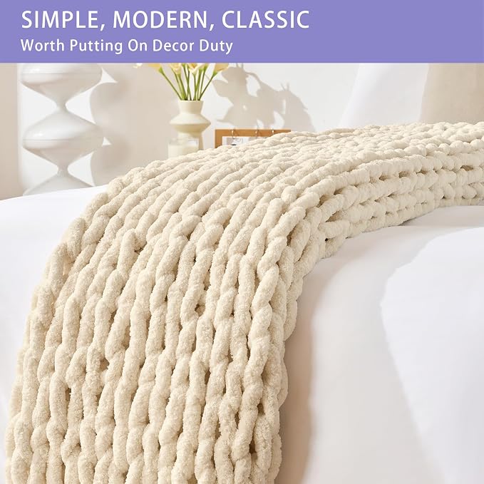 Bigacogo Chunky Knit Throw Blanket for Couch, 51x63 inches, Beige | Hand Knit with Jumbo Chenille, Soft Breathable Cable Knit for Sofa Bed Living Room, Machine Washable, Gift for Mom Friend