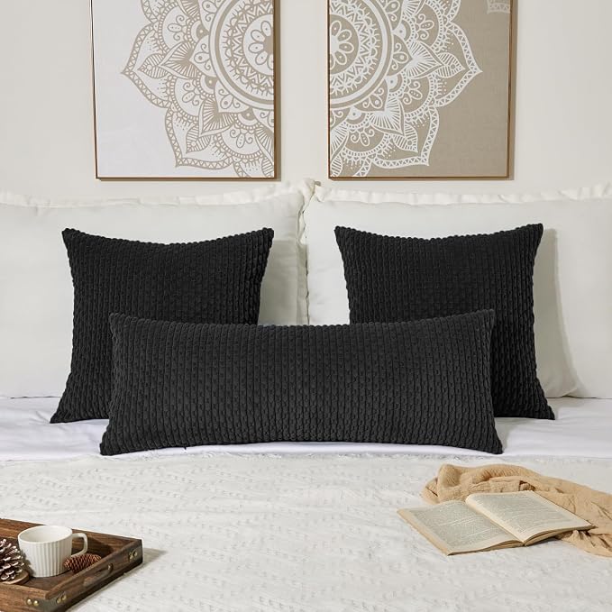 Kevin Textile Soft Corduroy 20"x54" Body Pillow Cover 1 Pack, Black | Boho Stripe Plush Corduroy Decorative Oblong Cushion Cover Modern Farmhouse Home Decor for Sofa Couch Bed Chair