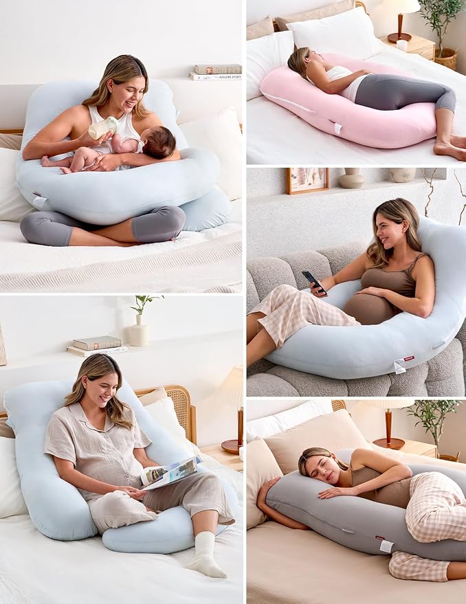 Momcozy Pregnancy Pillows for Sleeping, U Shaped Full Body Pillow for Pregnancy Women with Removable Jersey Cotton Cover, 57 Inch Maternity Pillow, Light Blue