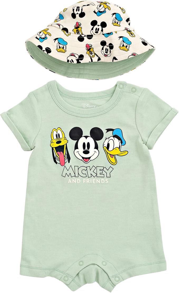 Disney Baby Romper and Reversible Bucket Sun Hat Outfit Set Newborn to Infant Sizes (Newborn - 24 Months)