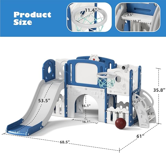 Glaf 9 in 1 Toddler Slide Outdoor Playset Playground Baby Kids Indoor Slides for Toddlers 1-3 with Climber Basketball Hoop Drawing Board and Storage Space (Blue)