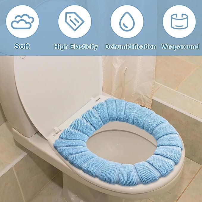 5 Pack Soft Washable Toilet Seat Covers, Thicker & Warmer Stretchable Cloth Pads for Bathroom, Cozy Pink Toilet Accessories Blue