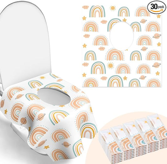 30 Pack Toilet Seat Covers Disposable, Individually Wrapped for Travel, Large Waterproof Potty Covers for Kids and Adults,Toddler Potty Training for Public Restroom, Airplane, Trip - Rainbow