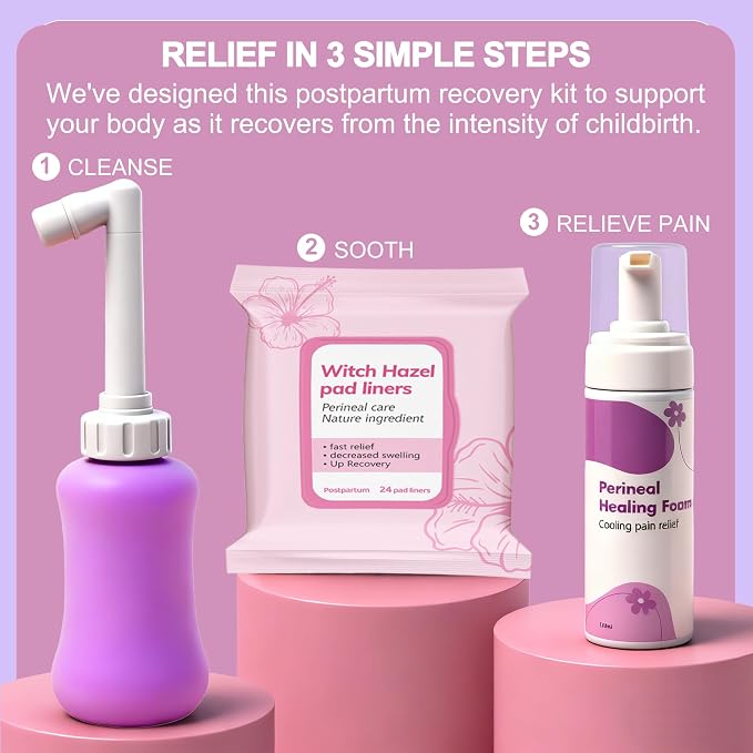 6 Pcs Labor & Postpartum Essentials Recovery Kit , Includes Labor Comb,Clary Sage Oil,Peri Bottle,24 Pad Liners, Perineal Soothing Foam,Socks,Hospital Bag Must Haves for New Mom