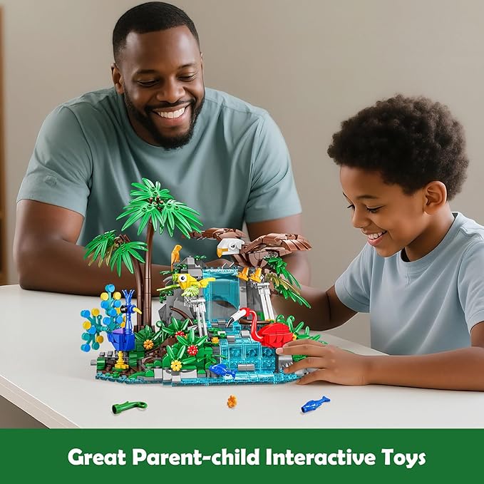 Rainforest Animal Building Set - 898PCS Jungle Theme Building Toy with Waterfall & Botanicals, Animal Sets Eagle, Flamingo & Peacock, STEM Educational Gift for Adults