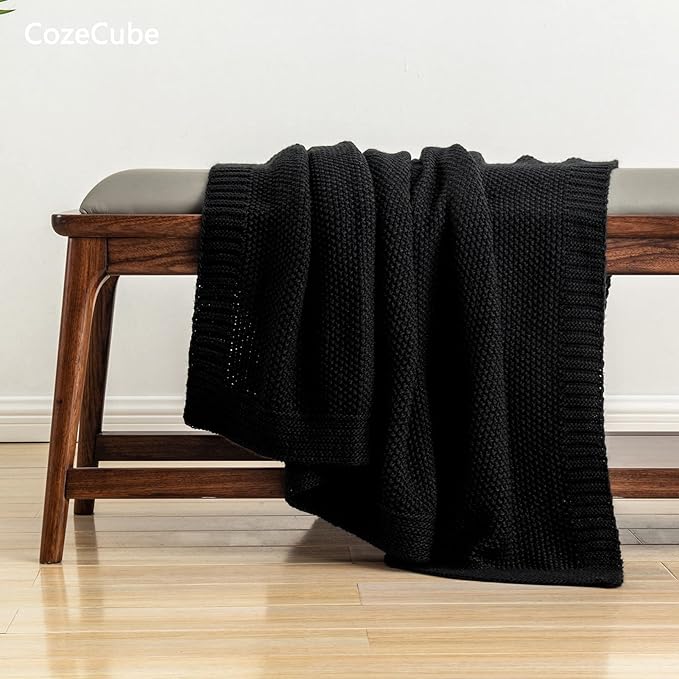 CozeCube Jet Black Seed Stitch Throw Blanket 50"x60", Farmhouse Decor | Blanket for Couch, Soft Cozy Cable Knit Throw for Bed Sofa Living Room, Lightweight Warm Decorative Christmas Blanket