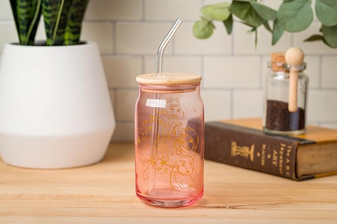 Silver Buffalo Disney Princess Glass Tumbler with Bamboo Lid and Glass Straw Featuring Pocahontas, Tiana, Snow White, Ariel, Belle, Jasmine, Rapunzal, Cinderella, and Moana, 16 Ounces