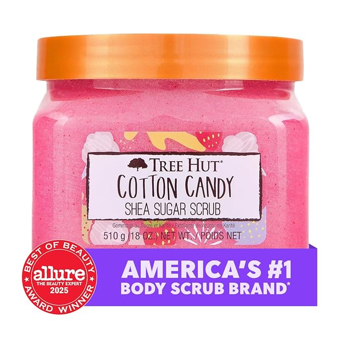 Tree Hut Cotton Candy Shea Sugar Scrub, Exfoliating, Hydrating & Moisturizing Body Scrub with Shea Butter & Nourishing Essential Oils, Smooth & Soften Skin, 18 oz