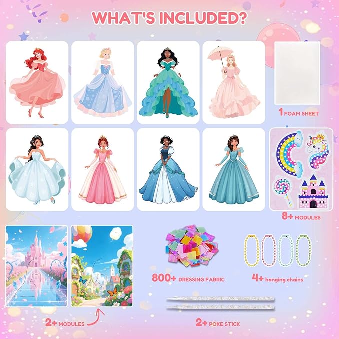 QLKYTALA Poke Poke Art Kits for Girls - Arts and Crafts for Kids 4-8 - 4 5 6 7 8 Year Old Girl Birthday Gifts - Princess Dress-Up DIY Creative Activity Toys