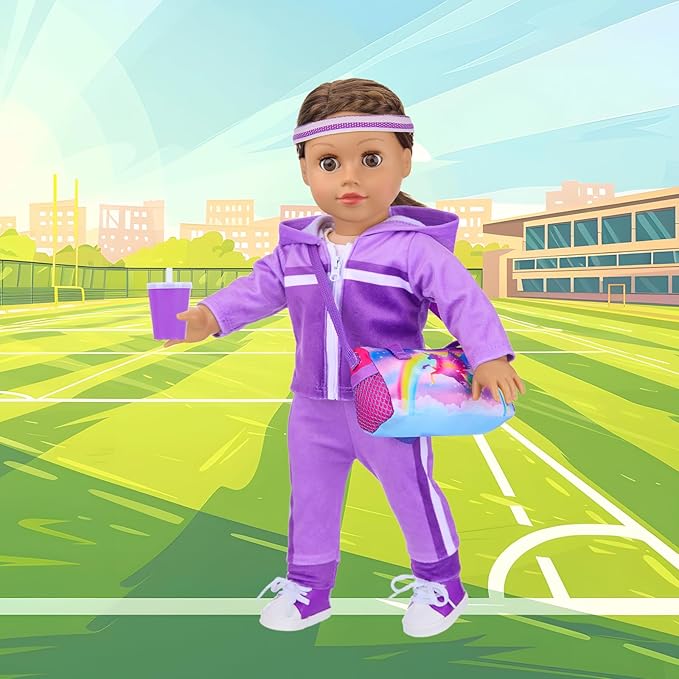 Ecore Fun 18 Inch Doll Clothes and Accessories- Sport Outfit Set, 10 Pcs Girl Doll Clothes Include Sweatshirt Suit, Sport Bag, Headbands ect- Fit Sports Dress up Game