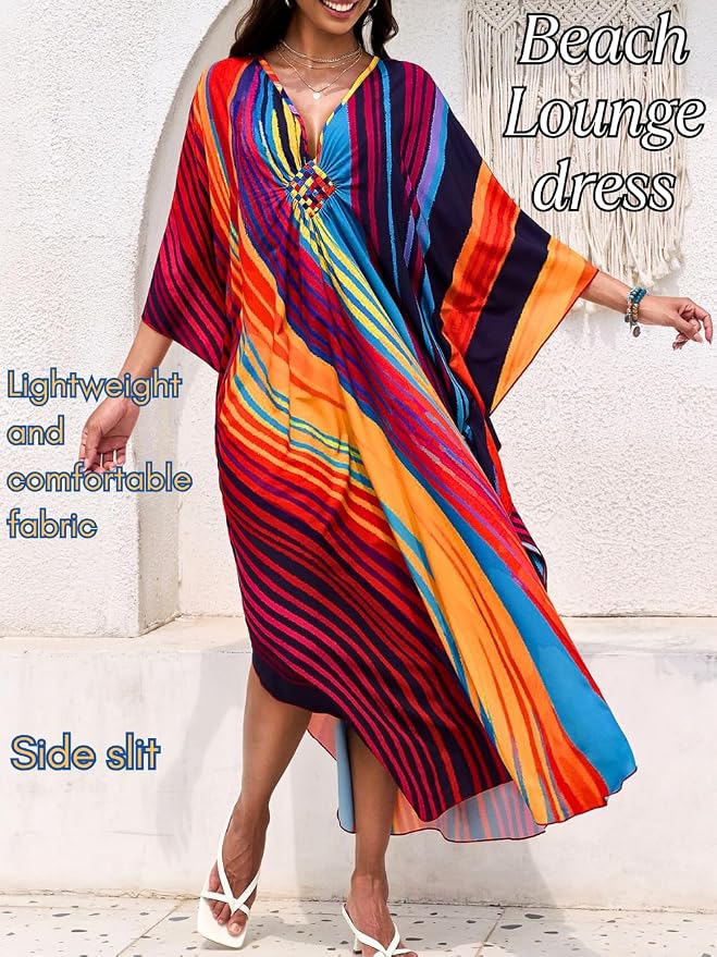 ChiaoLezhee Print Moo-Moos for Women, Kaftan Cover-Up Dresses, Sexy V-Neck High-Slit, Beach Pool-Party Coverups Muumuu Plus
