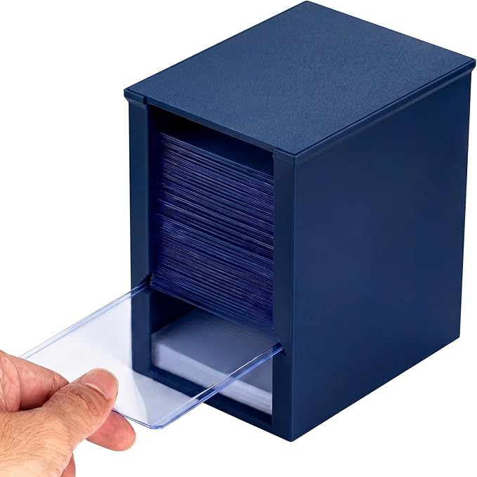Toploader Dispenser & Penny Sleeve Holder - Dual Compartment Holds 250 Penny Sleeves & up to 50 Top Loaders, Stackable Card Storage Box with Dustproof Lid (Navy)