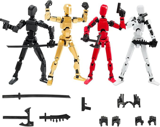 4PCS Robot Fidget Toys for Kids,Titan 13 Action Figures Set, Lucky Dummy T Nova N 13 Action Stick Figure Sensory Toys for Boys (Golden+Black+White+Red)