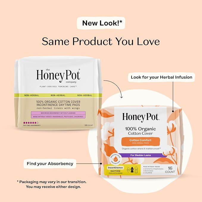 The Honey Pot Company - Incontinence Pads for Women - 64ct - Daytime Non-Herbal - Bladder Leak Control - Organic Cotton Cover & Ultra-Absorbent Pulp Core - Feminine Care