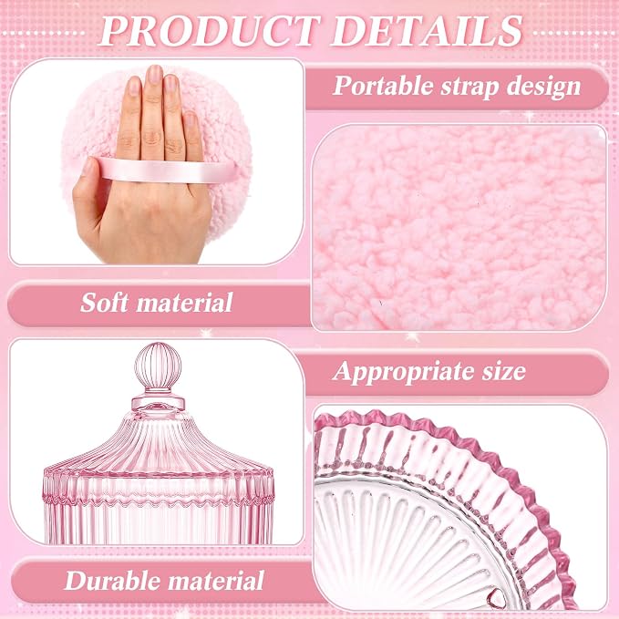 Extra Large Body Powder Puff and Container, 5.5'' Crystal Container with 5.3'' Oversize Dust Powder Puff Washable Reusable Face Body Glitter Wet Dry Makeup Gift(Pink)