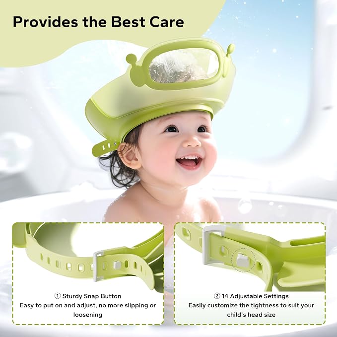 FUNUPUP Baby Shower Cap Toddler Hair Washing Shield Adjustable Bath Visor for Kids Shampoo Hat with Eyes Ears Cover 1-15 Years Boys Girls Essentials for Bath Time, Green