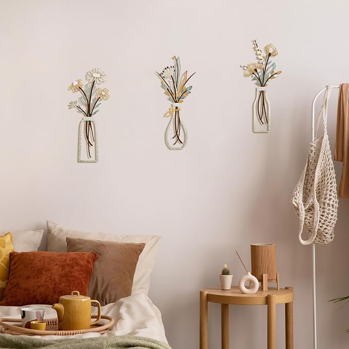 Pigort 3 Pieces Metal Flowers Wall Art- Rustic Farmhouse Decor Minimalist Decor for Living Room Bathroom Bedroom Dining Room, Housewarming Gifts Christmas Decoration(Beige, Vase-C)