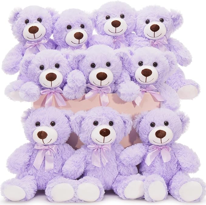 MaoGoLan Bulk Teddy Bear Baby Shower, 10 Packs Small Teddy Bear Stuffed Animals in Bulk,13.5" Small Stuffed Bears Plush for Wedding,Birthday,Christmas, Party Decorations,Purple
