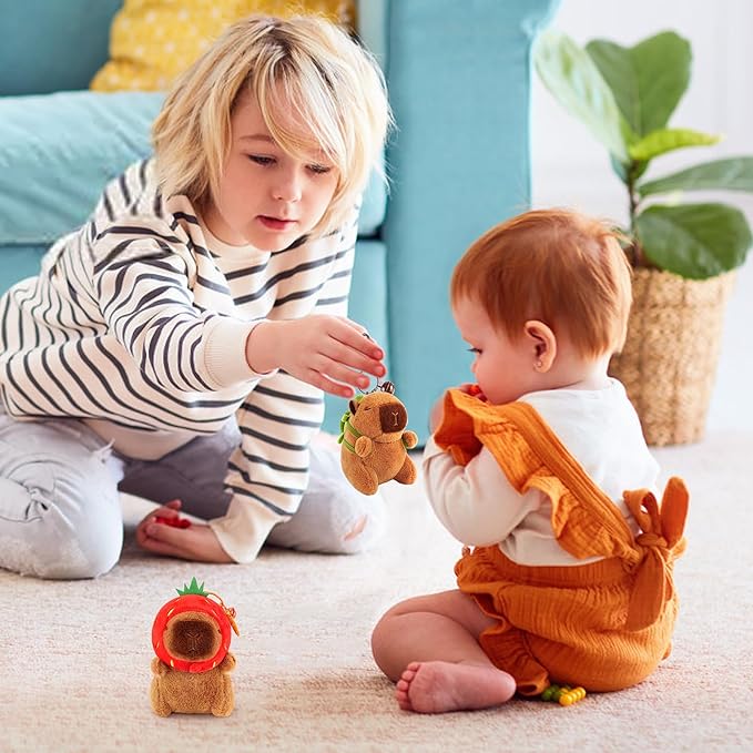 Achwishap 2PCS Capybara Plush Keychain,Cute Keychain Capybara Stuffed Animal,Soft Capybara Plush Toys Key Chain,Kawaii Plushie Stuffed Toys for Kids Adults Birthday(Turtle,Strawberry Hat)