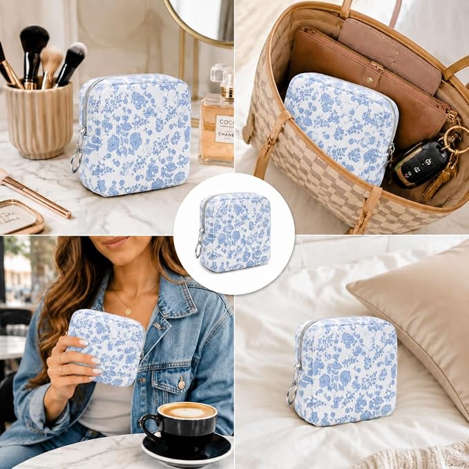 Period Bag for Girls, Corduroy Period Kit with Sanitary Pad Pouch, Menstrual Storage Bag and Tampon Holder for Purse, Girls School Essentials,Feminine Care Organizer(Blue Flower)