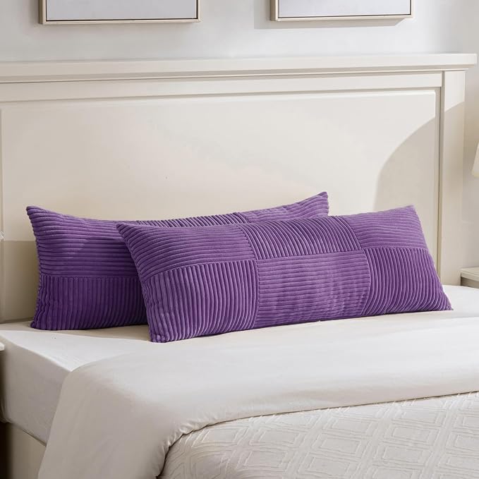 Fancy Homi Set of 2, Purple Patchwork Corduroy Decorative Soft Striped Modern Accent Cushion Case Farmhouse Boho Neutral Throw Pillow Covers for Chair Couch Bed Sofa Living Room 36x14 Inch