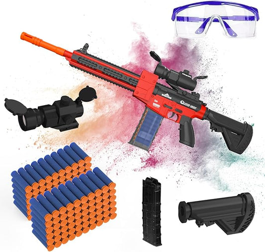 Automatic Toy Foam Blaster Sniper with Scope, Electric Toy Gun Dart Blaster with 120 Foam Darts for Guns, Goggles, Air Pocket Technology Outdoor Shooting Game Kids Toys for Ages 8-12 Boys Girls-Red