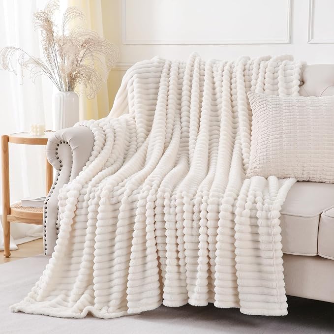 Cream White Throw Blanket for Couch Sofa 60x80 inches Striped Design | Fleece Blankets Room Home Decor Lightweight Plush Soft Cozy Gifts for Women Mom