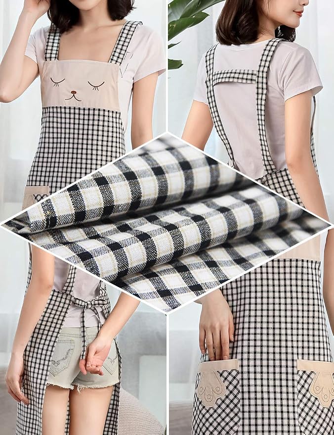 NEWGEM 100% Cotton Cute Plaid Apron with Pockets - Korean Style H-Back Cat Pinafore for Kitchen Cooking, Housewife (Black/White Cat)