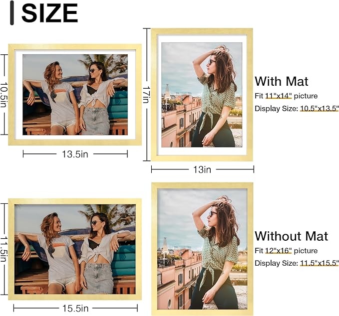 Vittanly 12x16 Picture Frames Set of 9 for Wall Mounting, Gold | Display Pictures 11x14 with Mat or 12x16 without Mat, Engineered Wood with Shatter Resistant Plexiglass, Gallery Photo Frames