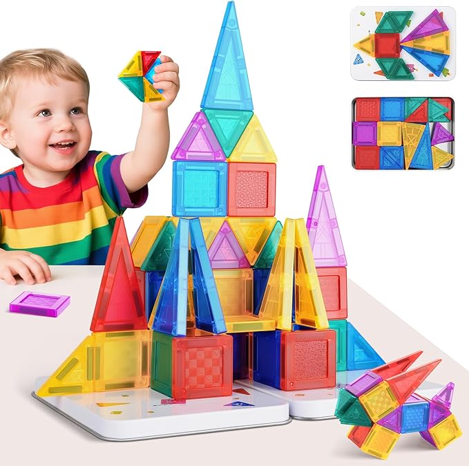 Magnetic Tiles 56pcs Travel Toys for Kids Toddlers, MINI Magnetic Building Blocks Set with Iron Box Base, Magnet Game, Plane Activities, Christmas Birthday Gifts for 3+ Years Girls Boys