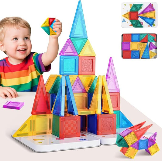 Magnetic Tiles 56pcs Travel Toys for Kids Toddlers, MINI Magnetic Building Blocks Set with Iron Box Base, Magnet Game, Plane Activities, Christmas Birthday Gifts for 3+ Years Girls Boys