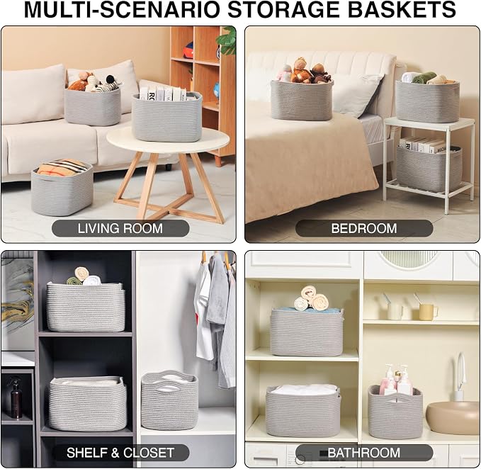 ICERZCZ Storage Baskets for Organizing Shelves, Woven Cotton Rope Bins for Baby Nursery Organization, Book Toy Towel Organizer, 15"x11"x9.5", 3 Packs, Grey
