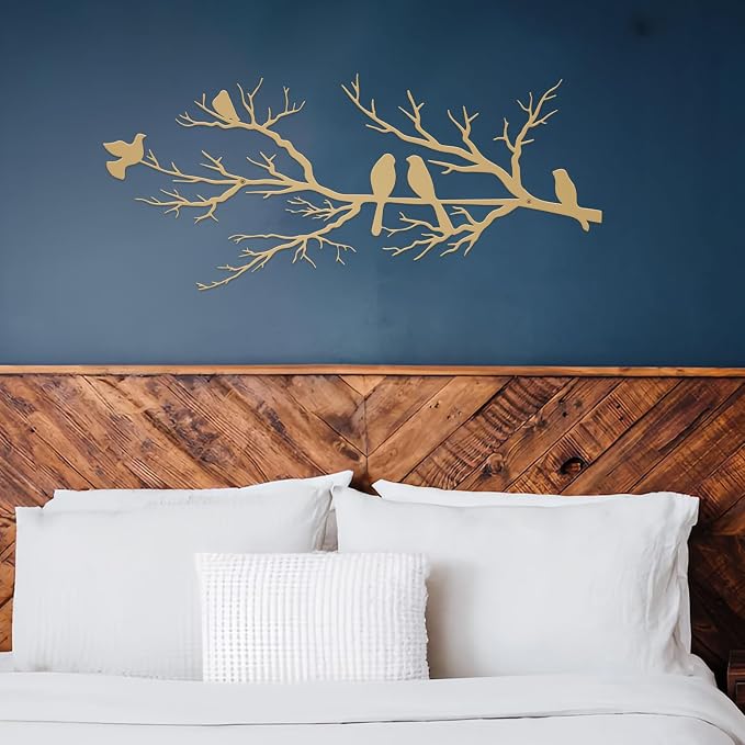 ESTART Metal Birds Wall Art, Metal Vivid Birds on Branch Silhouette Wall Decor Gold Leaves with Bird Outdoor Hanging Wall Sculpture for Home Living room Bedroom Balcony Garden (Gold, Small)