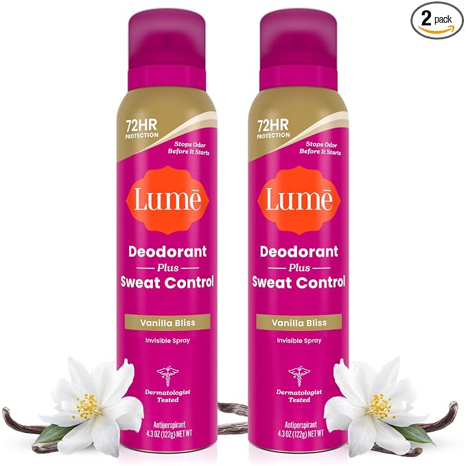 Lume Deodorant Plus Sweat Control - Invisible Spray - Extra Strength Antiperspirant For Underarms - 72 Hour Odor And Sweat Control - Phthalate and Paraben Free Formula - 2 Pack (Vanilla Bliss)