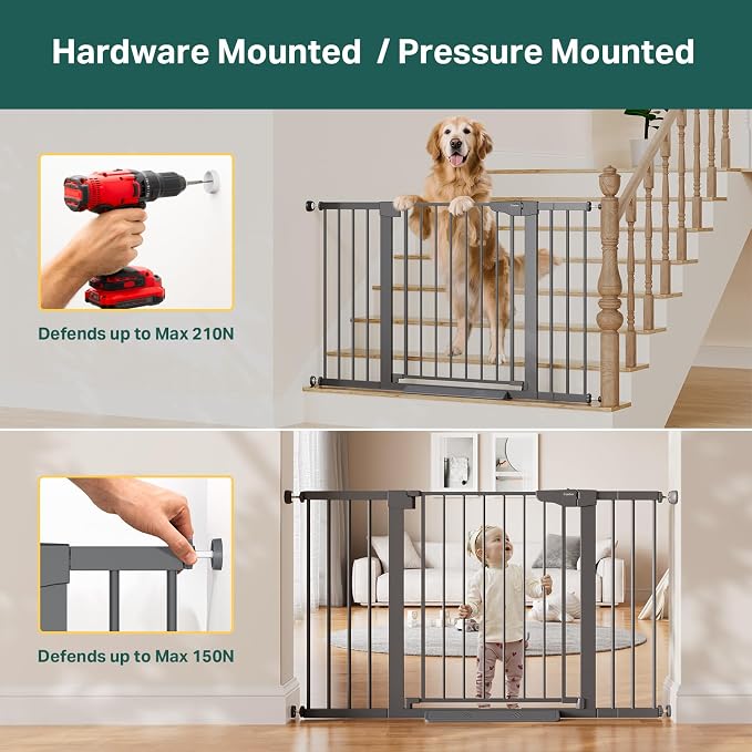 Cumbor 30-51.5" Extra Wide Baby Gate for Stairs, Pressure Mounted Dog Gate Indoor with Self-Closing Walk Through Door, Mom's Choice Award Winner, Child Safety Double-Lock, Cool Gray