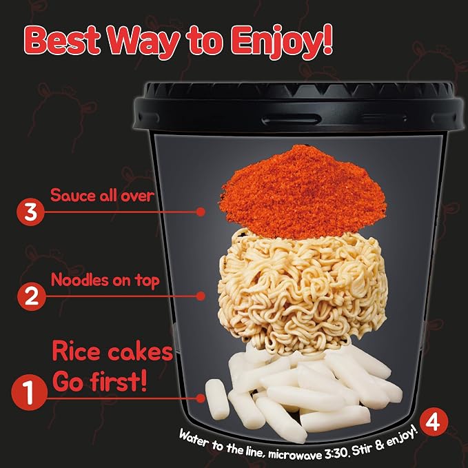 KINIKORA Swicy Instant Rabokki Cup 15-Pack Box, Korean Tteokbokki & Ramen | Topokki style Korean street food, Chewy rice cakes with ramen, Quick 3.5 min microwave cup meal
