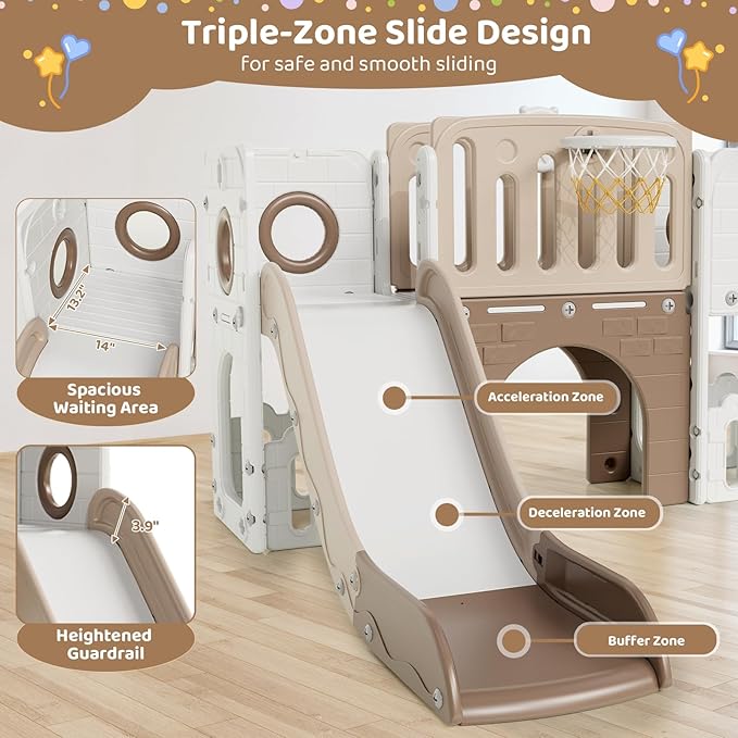 Arlopu 9 in 1 Toddler Slide Set, Kids Large Climber Slide Playset w/Long Slope, Telescope, Storage Space, Enclosed Steps, Indoor Outdoor Playground (Beige & Brown)