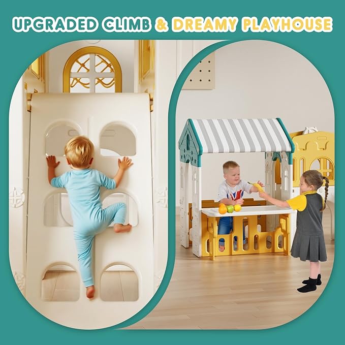 Playground Playsets Outdoor Playhouse 10 in 1 Toddler Slide with Rock Climber with Basketball, Hoop, Storage, playroom Upgraded