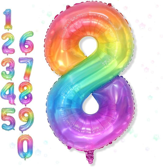 Foil 8 Balloon, Pastel Rainbow Number 8 Balloons for Boys Birthday Party Decor, 40'' Mylar Helium Self Inflating Colorful Multicolor Number 8 Balloon for Kids 8th Birthday Party Anniversary Decoration