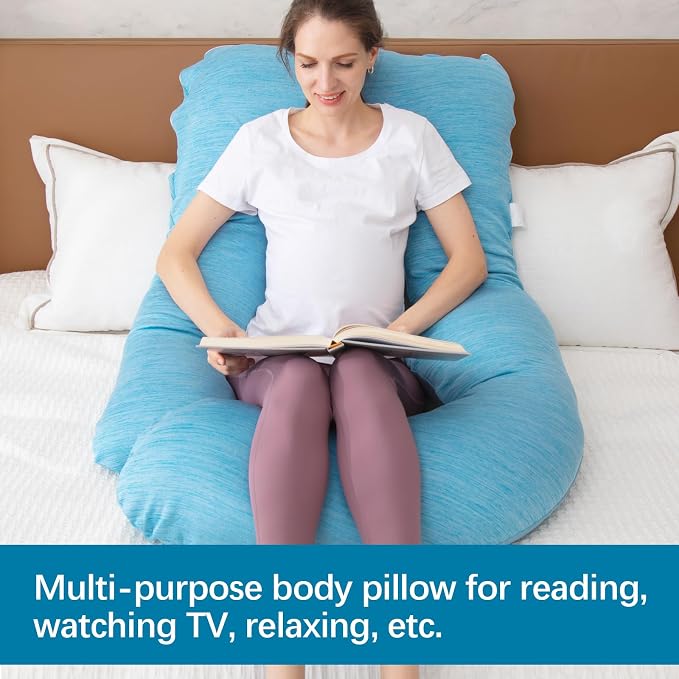 MOON PINE Pregnancy Pillow, U Shaped Full Body Pillow for Maternity Support, Sleeping Pillow with Cover for Pregnant Women (Light Blue)