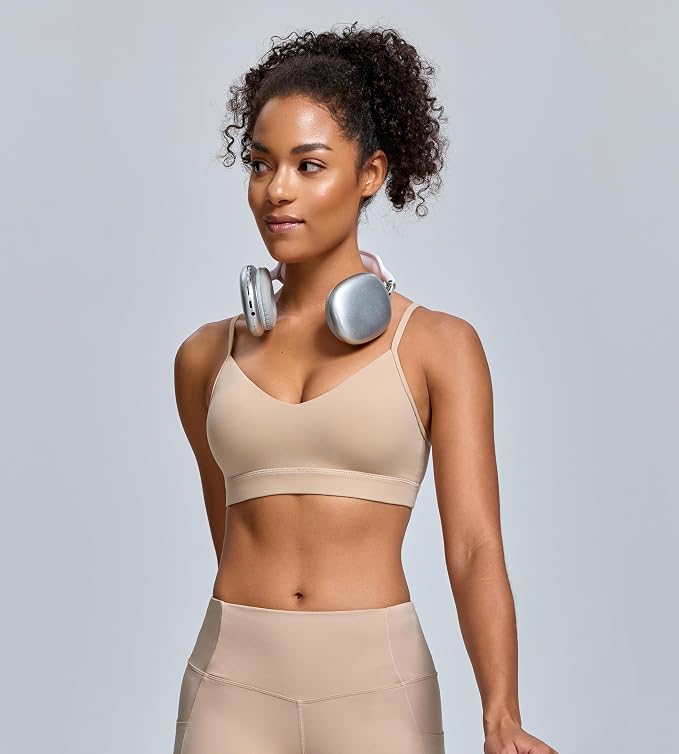 Oalka V Neck Sports Bra for Women Adjustable Padded Thin Straps Wireless Yoga Bras