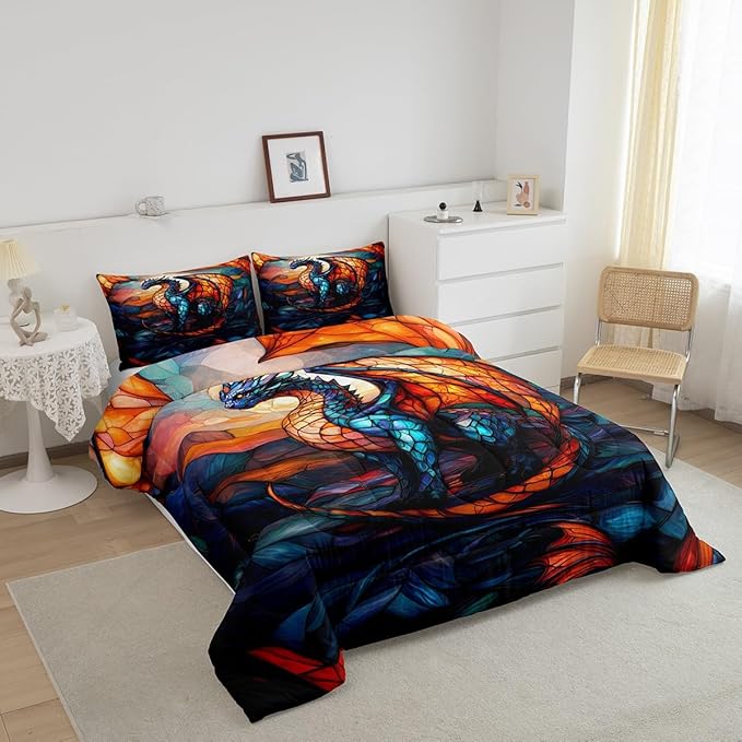 Feelyou Dragon Comforter Set Twin Size Dragon Stuff Comforter for Boys Girls Teens Wild Life Bedding Set Dragon Decor Duvet Set Room Decor Orange Blue Quilt Set