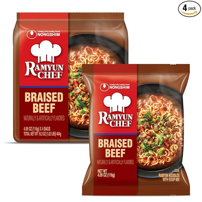 Nongshim Ramyun Chef, Instant Ramyun Noodles with Soup Mix, Braised Beef, 4.02 Oz (Pack of 4)
