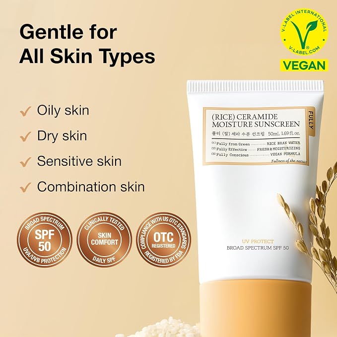 FULLY Rice Ceramide Moisture Sunscreen, SPF 50, No White Cast, 1.69 fl oz | Non-Sticky Finish, Lightweight, Korean Broad Spectrum Sunscreen for All Skin Types, Panthenol for Hydrating and Glowing
