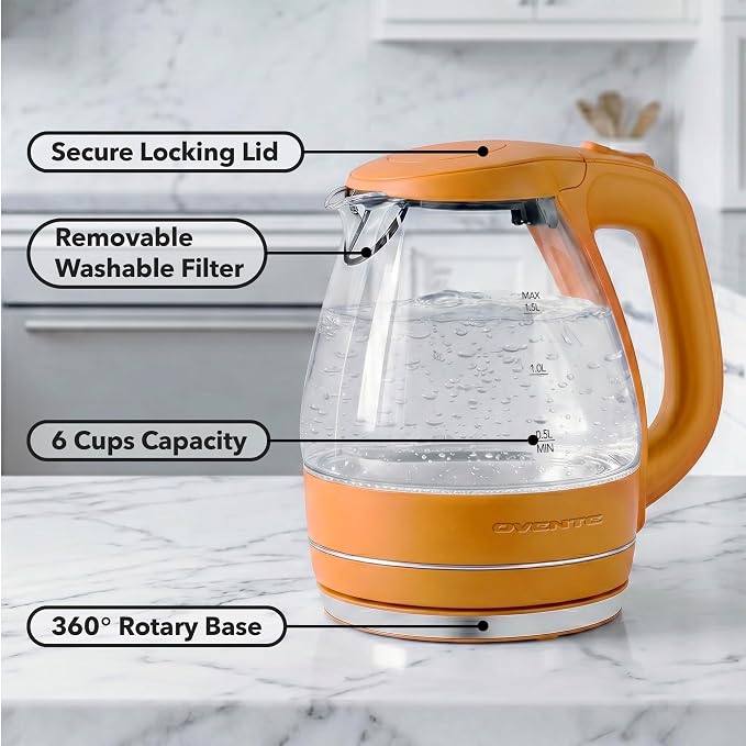 OVENTE Electric Kettle, 1.5L Borosilicate Glass Countertop Water Heater and Boiler for Coffee or Tea, BPA-Free, Auto Shut-Off, Boil-Dry Protection, Removable and Washable Spout Filter, Orange KG83O