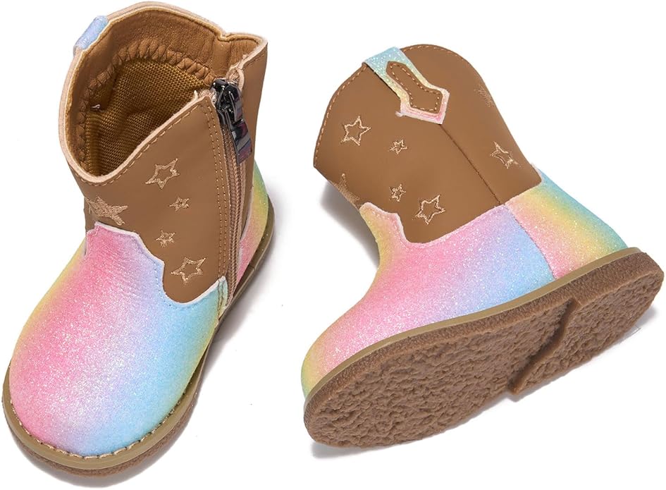 Newsonet Baby Cowboy Cowgirl Boots Infant Western Boots Toddler Boys Girls Round Toe Riding Mid Calf Boots All Seasons for 6 9 12 18 24 Months