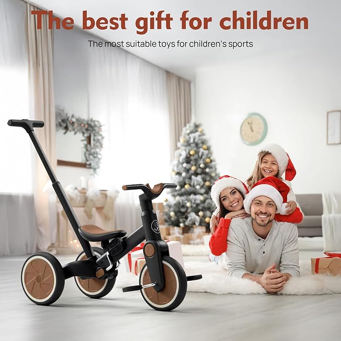 Tricycle for Toddlers 1-3 Year Olds, 5 in 1 Toddler Balance Bike with Removable Pedal, Foldable Toddler Tricycle with Push Handle(Black)